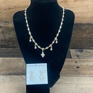 Jessica McClinton Gold Toned Dainty Crystal Necklace and Drop Dangle Earrings